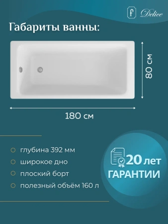 Ванна чугунная Delice Parallel 1800х800, с ручками